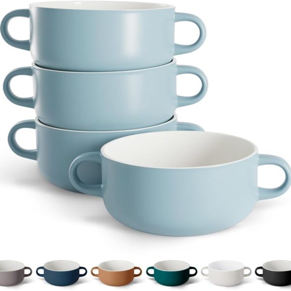 Soup , Ceramic Bowls, Broil, Oven, Microwave and Dishwasher Safe, with Handles, For Casserole, Pasta, Cereal, 18 oz, Set of 4 (Pale Blue)
