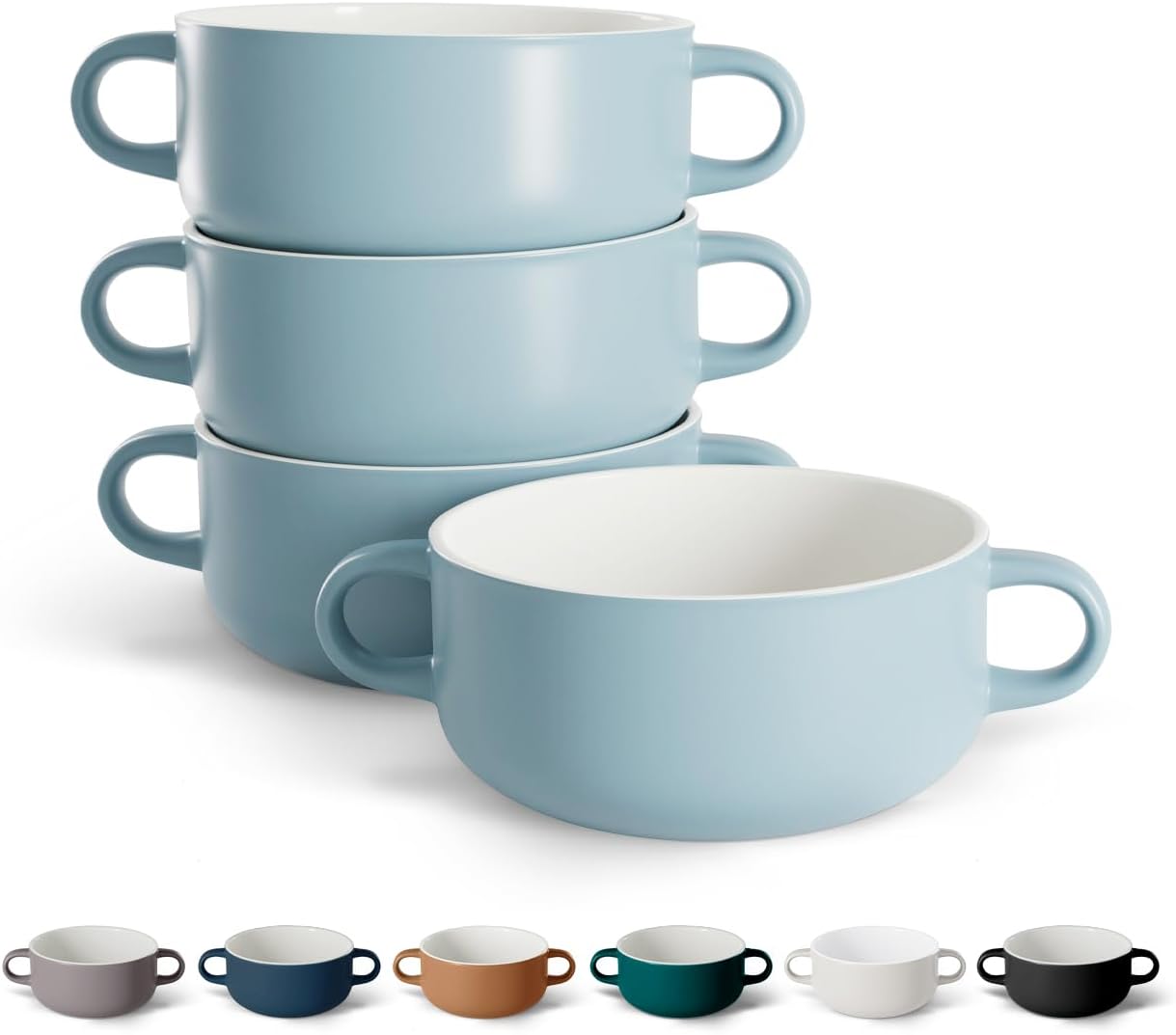 Soup , Ceramic Bowls, Broil, Oven, Microwave and Dishwasher Safe, with Handles, For Casserole, Pasta, Cereal, 18 oz, Set of 4 (Pale Blue)