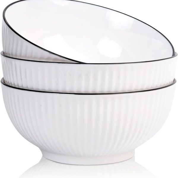 Porcelain Soup Bowls Set of 3, 60 oz Large Soup Bowl, 8" White Ceramic Bowls, Pho Bowl for Pasta, Ramen, Soup, Fruit Vegetable, Microwave & Dishwasher Safe