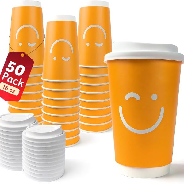 50 Pack 16 oz Coffee Cups with Lids, Disposable Insulated Hot Cups To Go Paper Coffee Cups, Double-Walled Cup for Hot Drink, Office, Coffee Bar - Yellow Smiley Face