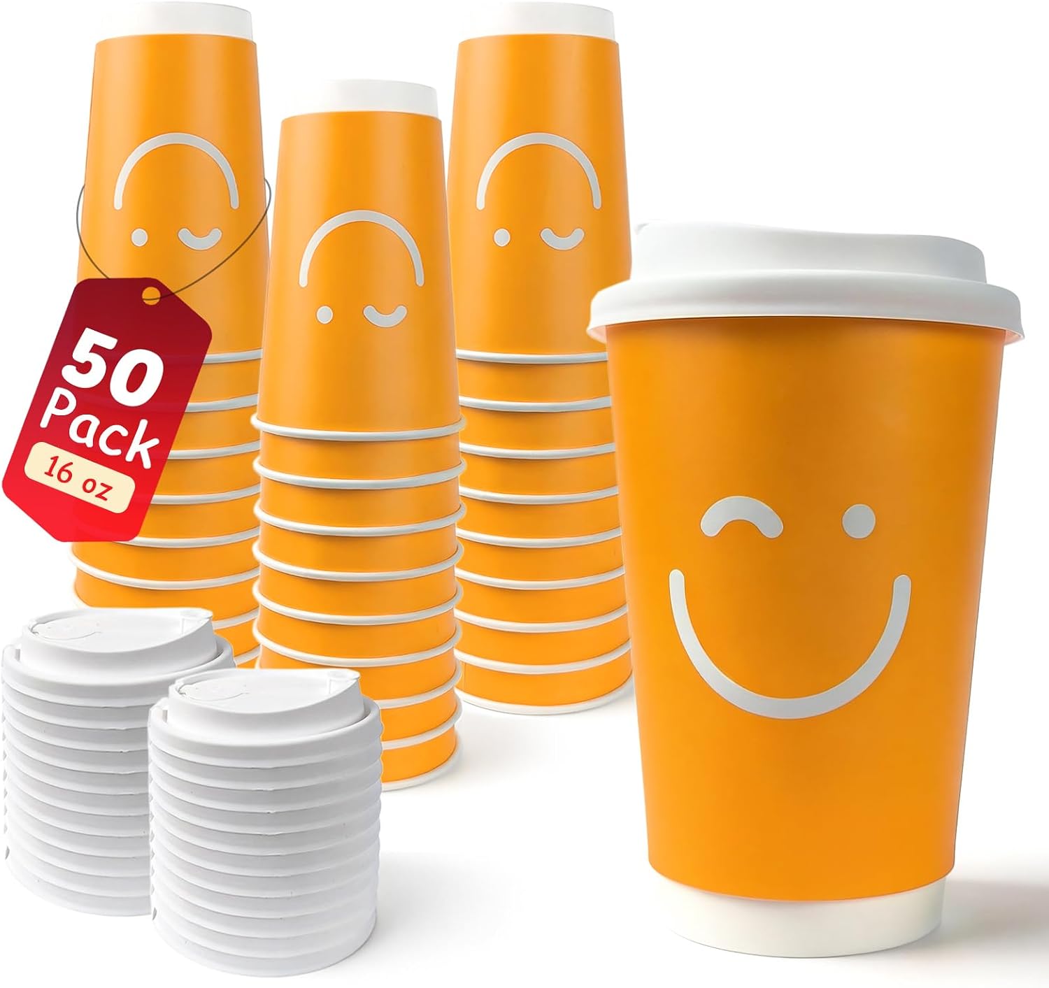 50 Pack 16 oz Coffee Cups with Lids, Disposable Insulated Hot Cups To Go Paper Coffee Cups, Double-Walled Cup for Hot Drink, Office, Coffee Bar - Yellow Smiley Face