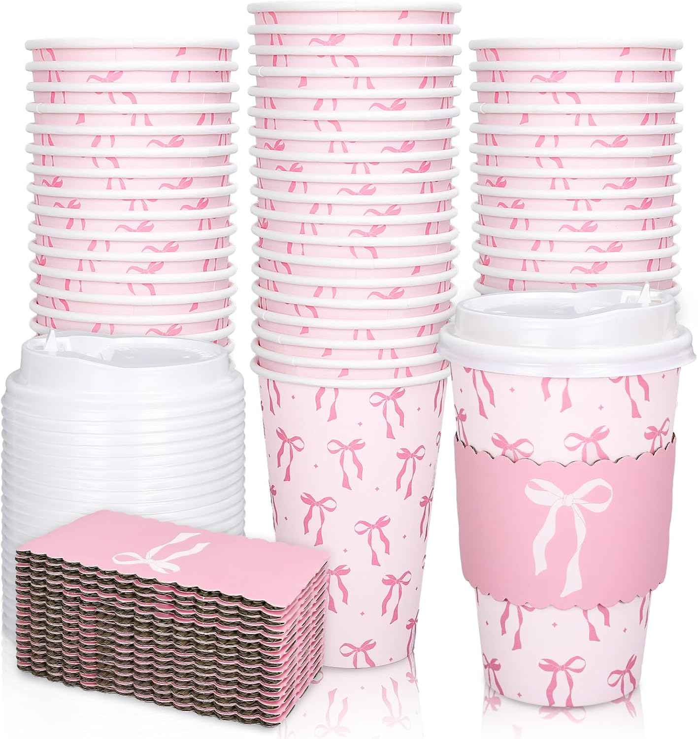 50 Set Pink Bow Disposable Coffee Cups with Lids and Sleeves Bowknot Paper Drinking Cups for Valentine's Day Mother's Day Wedding Birthday Baby Shower Bachelorette Party Supplies