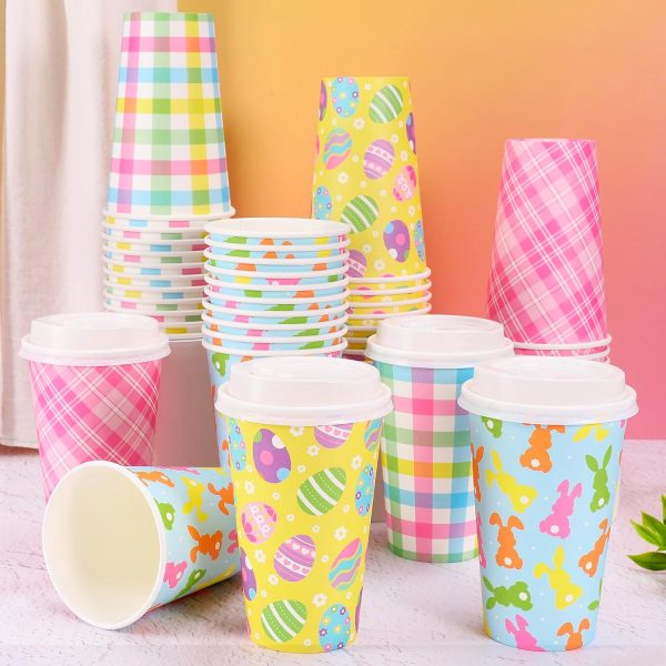 Easter Paper Coffee Cups with Lids Colorful Plaid Easter Egg Bunny Rabbit Disposable Drinking Cups 16 Oz To Go Coffee Cup for Spring Holiday Party Supplies Decorations, 48 Pcs