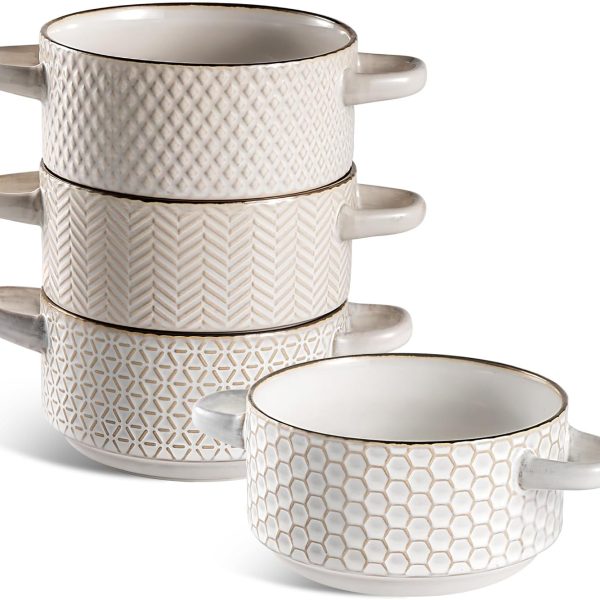 Ceramic Soup Bowls Set - 27 Oz French Onion Soup  with Handles - Embossed Stoneware Bowls for Soup Cereal Beef Stew Chili - Microwave Dishwasher Oven Safe - Set of 4