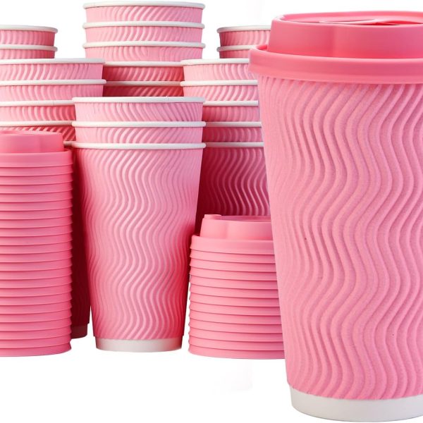 Pink Coffee Cups with Lids 16 oz [50 set] Disposable Double Insulated Paper Cup Hot Cold Drinks Tea Chocolate Large Travel No Leaks To Go Coffee Cup Pink Party Decorations Home Cafes Business Birthday