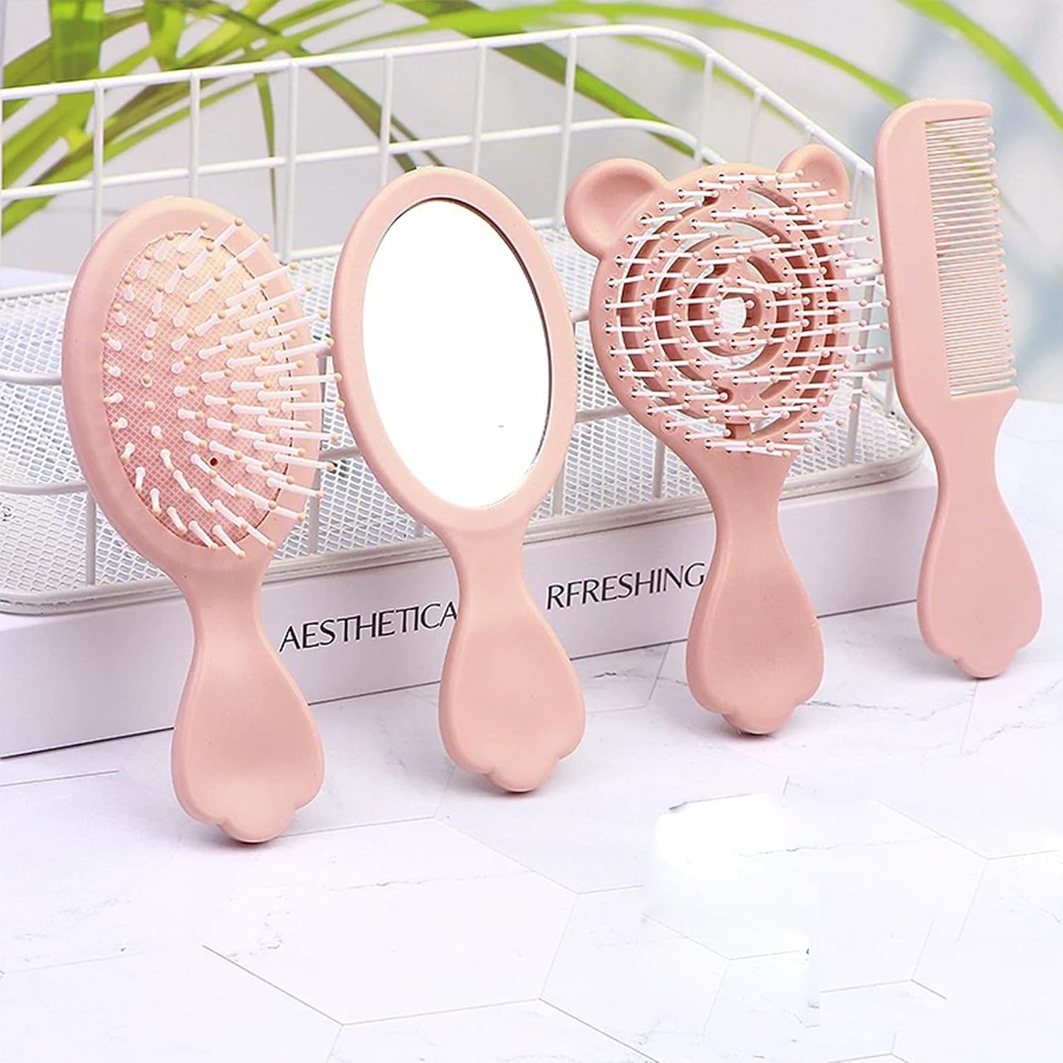 4-Piece Hair Comb Set, Small Travel Hair Comb Set, with Handheld Mirror, Air Cushion Massage Comb (Pink)