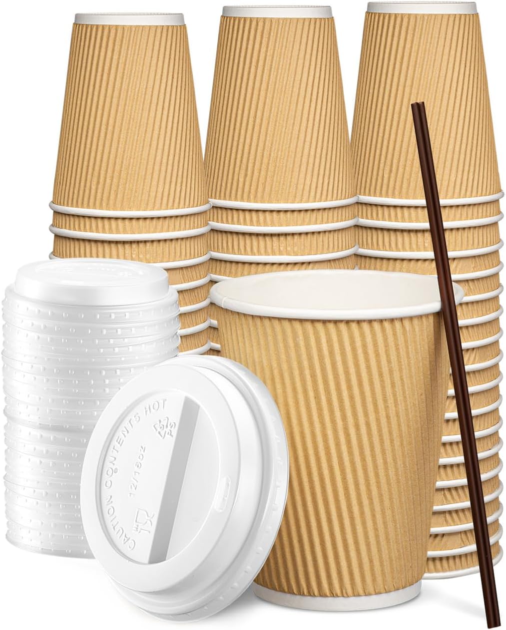 [12 oz. - 100 Count Insulated Kraft Ripple Paper Hot Cups, Disposable Coffee Cups With Lids - Ideal for Hot Beverages, Travel, and Office Use