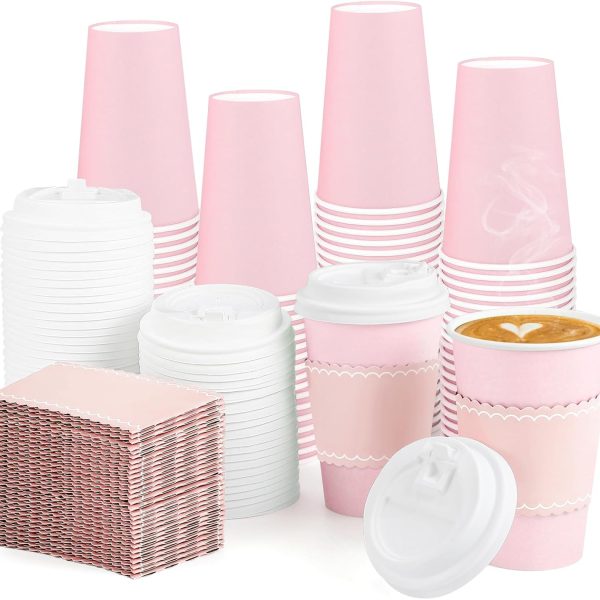 60 Pack Pink Paper Cups with Lids Sleeves, 12oz Insulated To Go Paper Cups Pink Party Cups Disposable Easter Paper Cups, Drinking Cups for Wedding Birthday Baby Shower Party Supplies