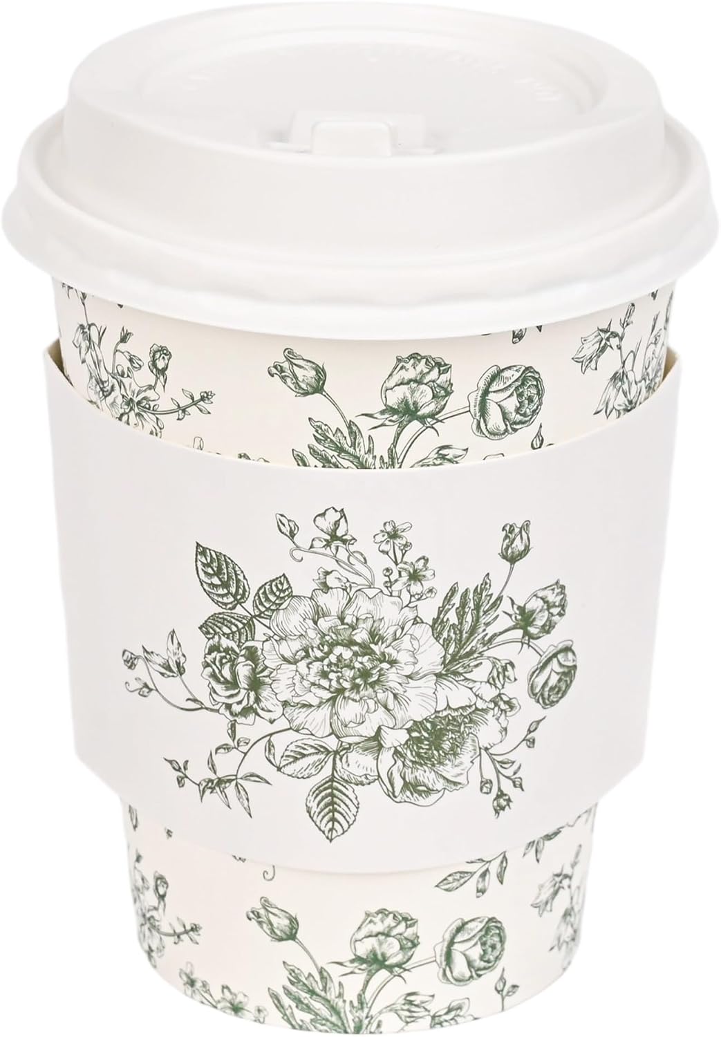 50Pcs Sage Green Floral Disposable Coffee Cups with Lids and Sleeves Green White Chinoiserie Flower 12oz Hot Cold Paper Drinking Cup for Birthday Wedding Baby Shower Party Supplies