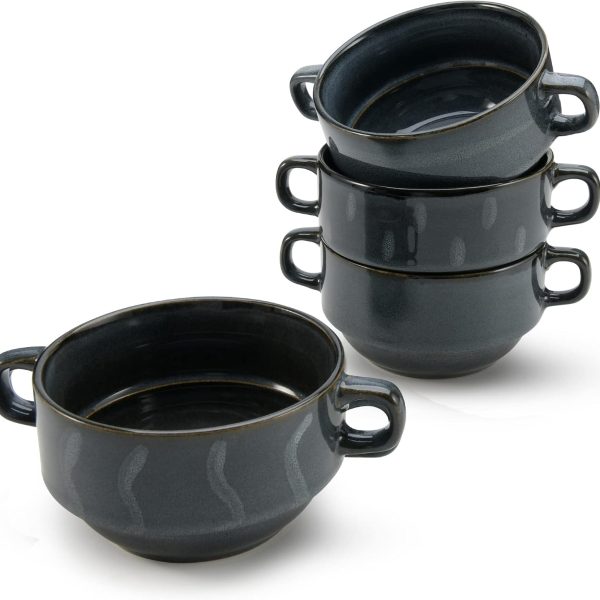 Soup Bowls with Handles | Set of 4 | 16-Oz Glazed French Onion Soup Bowl | Stackable Serving Bowls for Stew, Pasta, Chili | Stoneware, Dishwasher & Oven Safe (Assorted Blue)