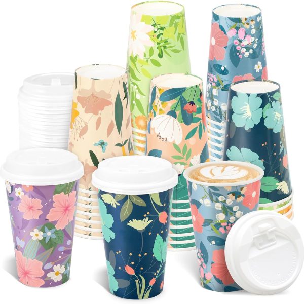 Disposable Paper Cup 16 oz 48-piece Coffee Cups with Lids, 6 Spring Floral Design Drinking Paper Cups for Floral Themed Birthday Party Bridal, Wedding, Tea Party, Baby Shower