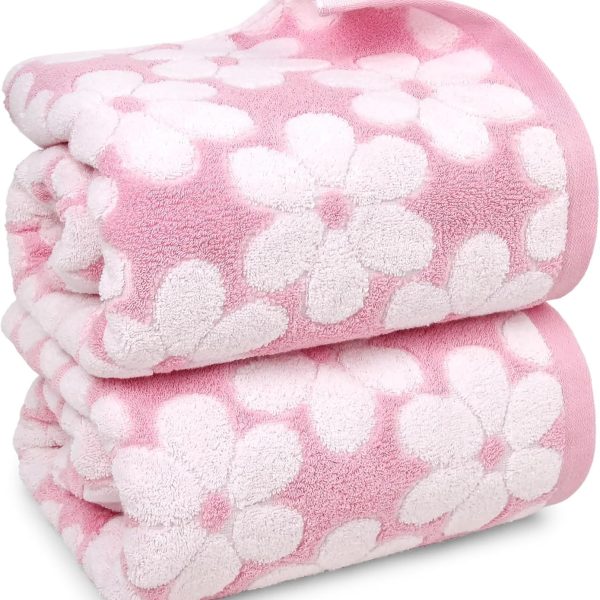 Pink Bath Towels Set of 2, Super Absorbent & Decorative 27.5x55 Inches, Cute Floral Jacquard Shower Towel for Bathroom Decor, Cotton