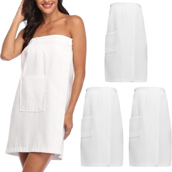 3 Pcs Towel Wrap for Women Lightweight Waffle Spa Bathrobe Cover Up Bath Shower Wraps with Adjustable Closure, White L/XL