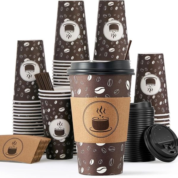 Disposable Coffee Cups with Lids, Sleeves and Straws - 12oz(100 Pack) Paper Coffee Cups with Lids, Hot Cup for Shops, Cafes, and Concession Stands(Dark Brown)
