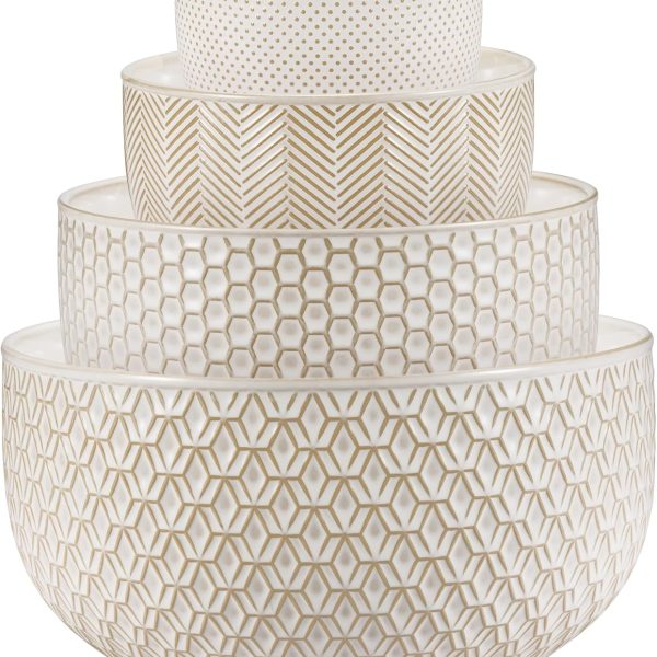 Ceramic Mixing Bowls, Nesting Set of 4, Embossed Kitchen Dishware, Prep, Serving, Gift, Microwave and Dishwasher Safe, 20/44/98/145 oz (Ivory)