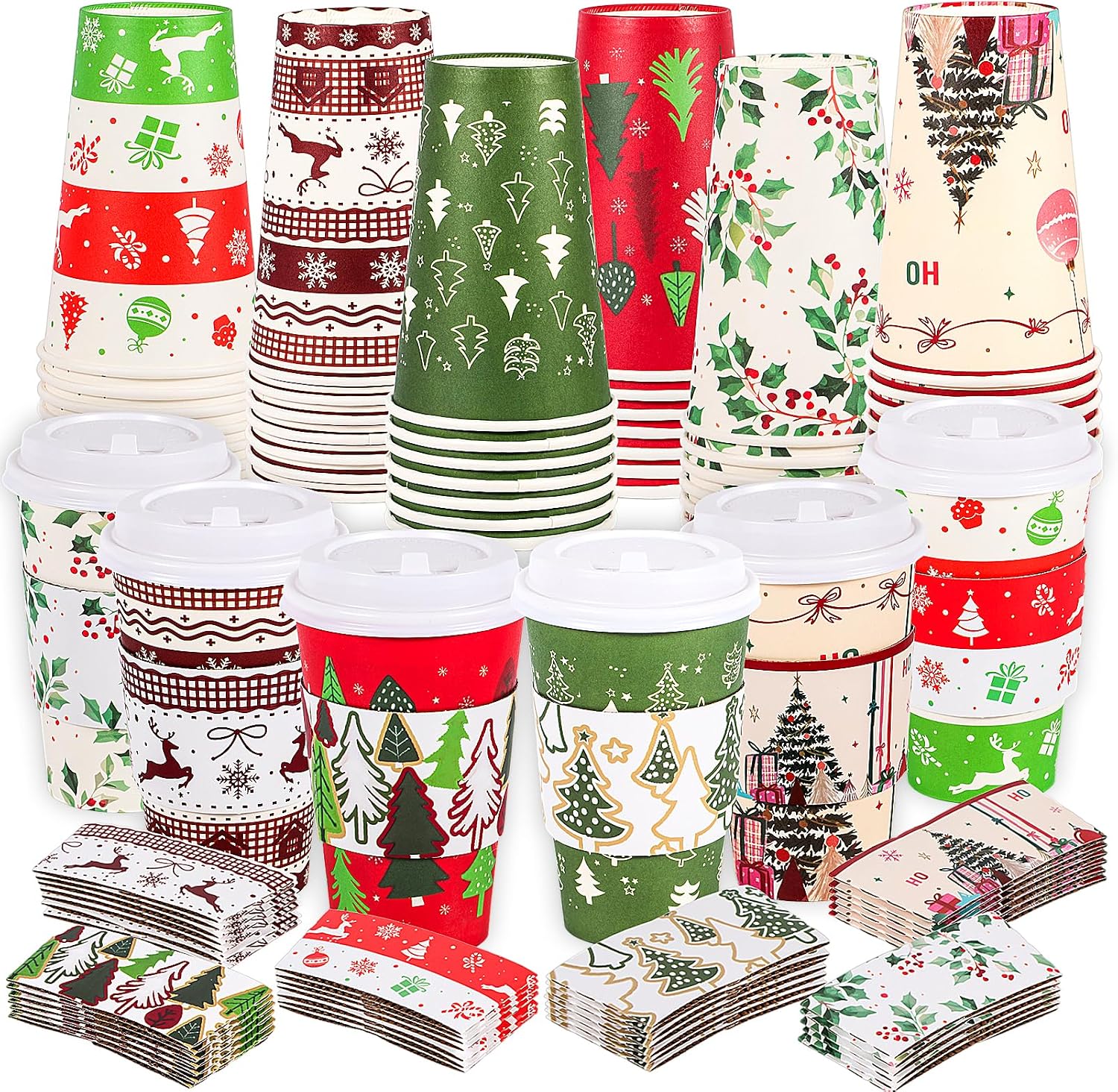 48 Pcs Merry Christmas Disposable Cups with Lids and Sleeves, To Go Coffee Cups 16 oz, 6 Designs Holiday Paper Cups for Hot Chocolate Coffee Cold Beverage Xmas Winter Holiday Party Supplies